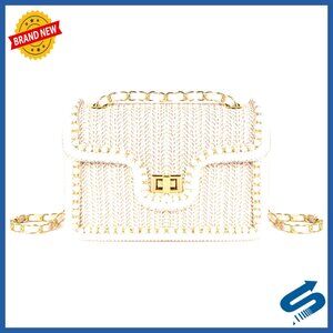 Straw Woven Crossbody Clutch Purse with Pearl Accent Adjustable Strap